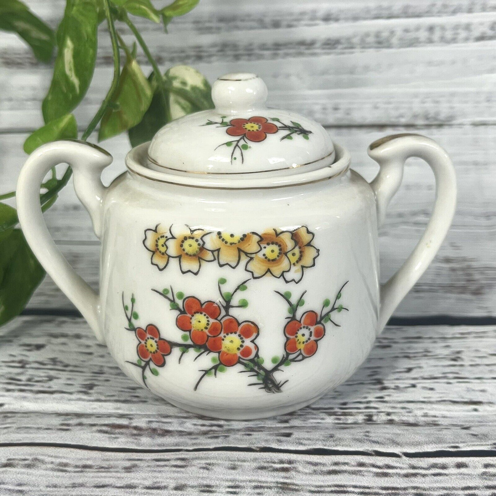 Vintage Hall's Orange Poppy Sugar Bowl & Lid Porcelain with Gold Trim